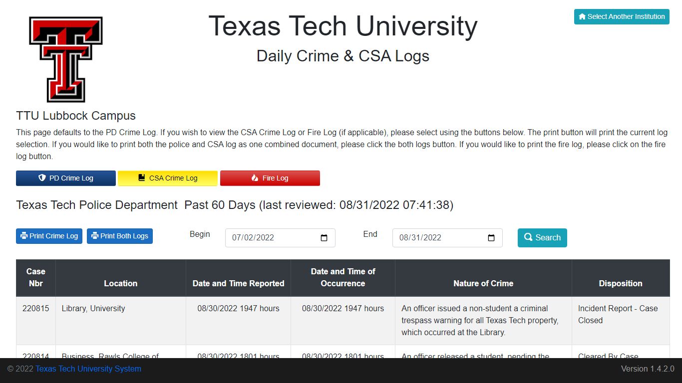 Crime Log - Texas Tech University System